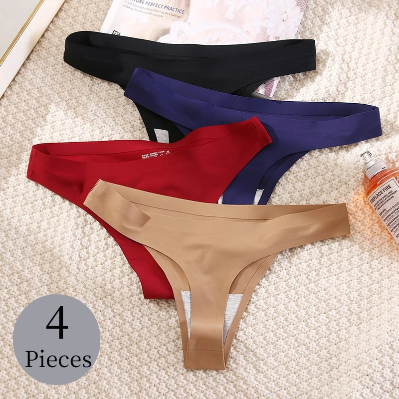 WarmSteps 4PCS/Set Sexy Women Panties Silk Satin Female Thongs Lingerie Soft Cozy Underwear Hot G-Strings Seamless Sports T-Back