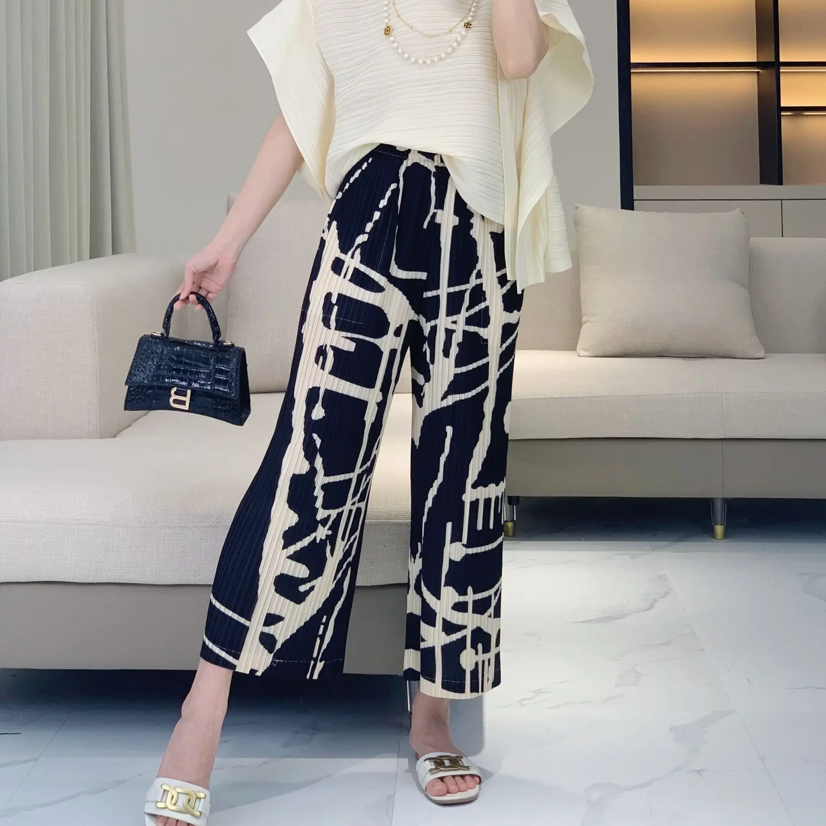 Pleats Pleated Niche Pants Women Summer 2024 New Pattern Print Elastic High Waist Straight Wide Leg Pants Plus Size Clothing