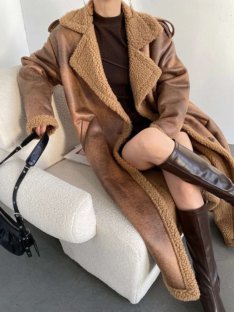 BZVW Fashion High-end Lamb Wool Coat Women Lapel Double Breasted Color Block Pockets Design Cotton Coat 2024 Wintre New 25A9244