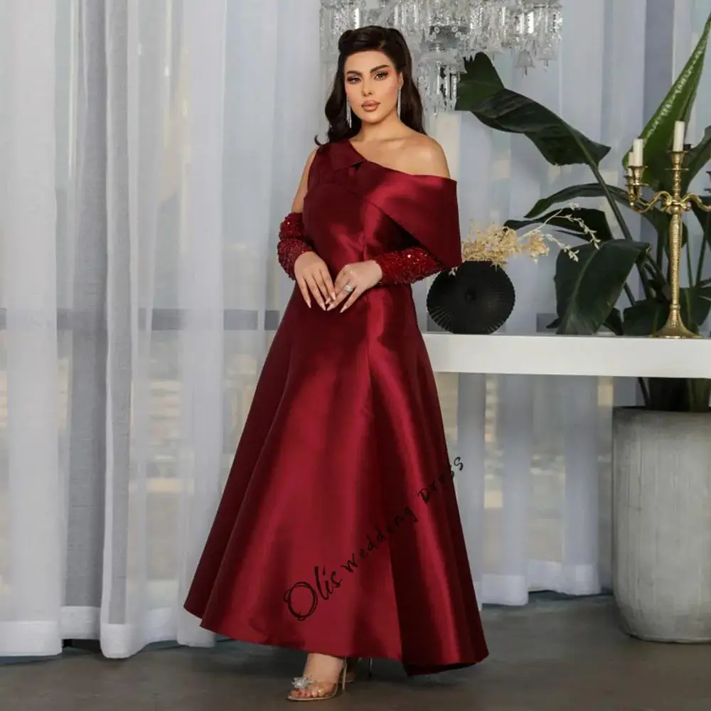 

customized Evening Dress Customized Saudi Arab Prom Gown One Shoulder Long Sleeves Sequined Ankle Length Wedding Party Dresses