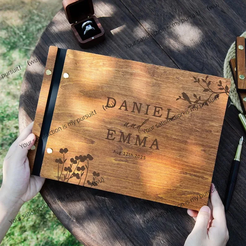 A6 Wooden Cover Guestbook Personalized Engraving Name Wedding Party Concierge Sign-in Guestbook