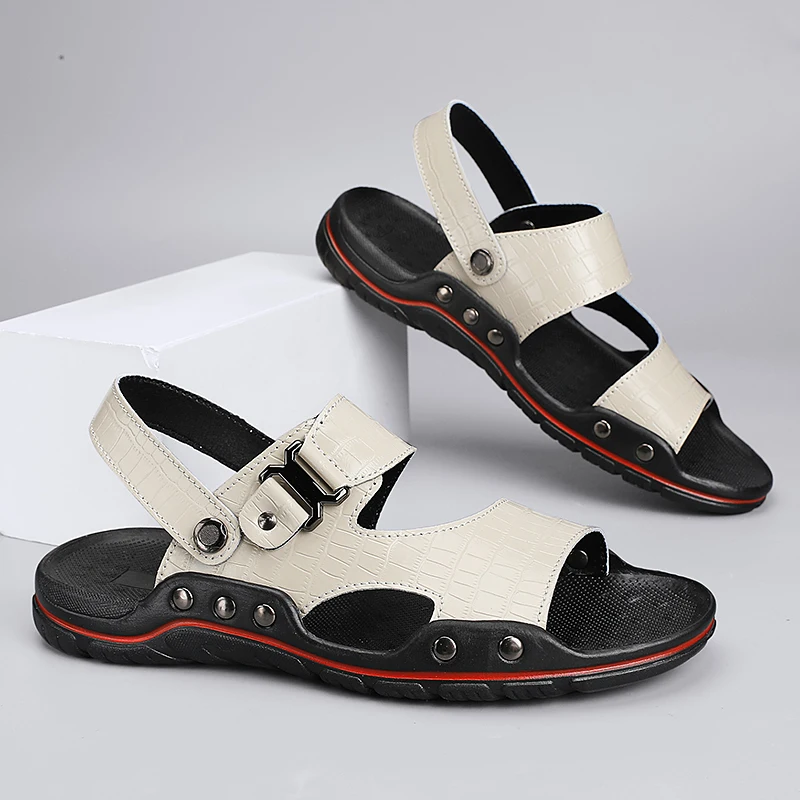 High Quality Men\'s Slippers with Double Button Design Trendy Fashionable Black White Flat Shoes New Summer Big Size: 38-48