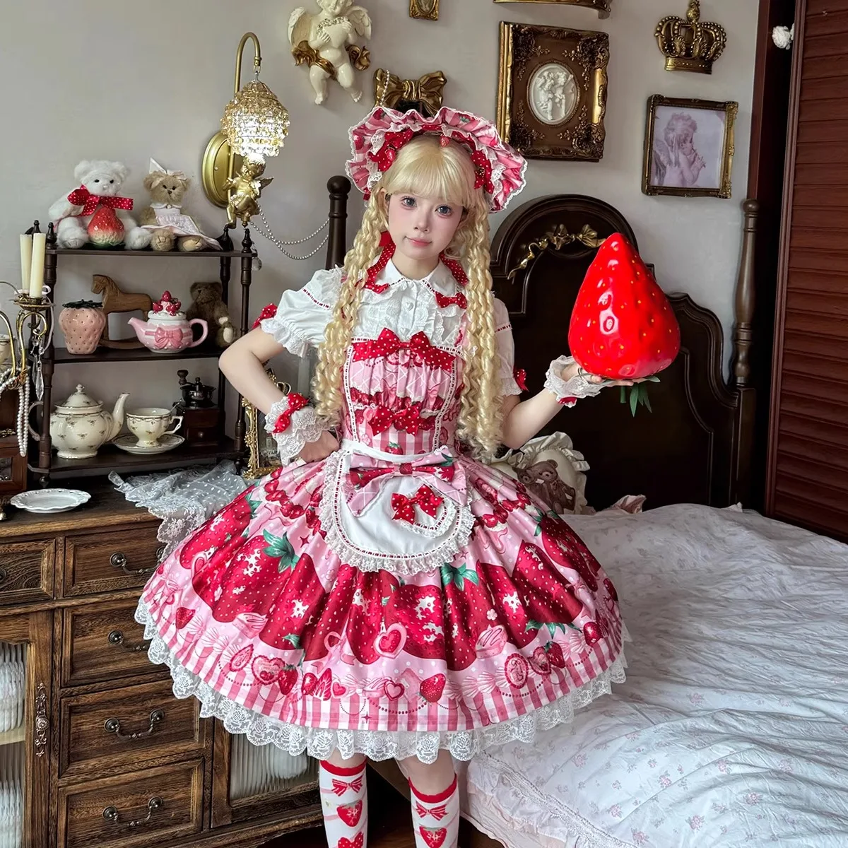 Sweet Strawberry Print Lolita Dress Op Summer New Japanese Girls Cute Bow Kawaii Sling Dress Jsk Loli Lo Cos Dress Apron Set