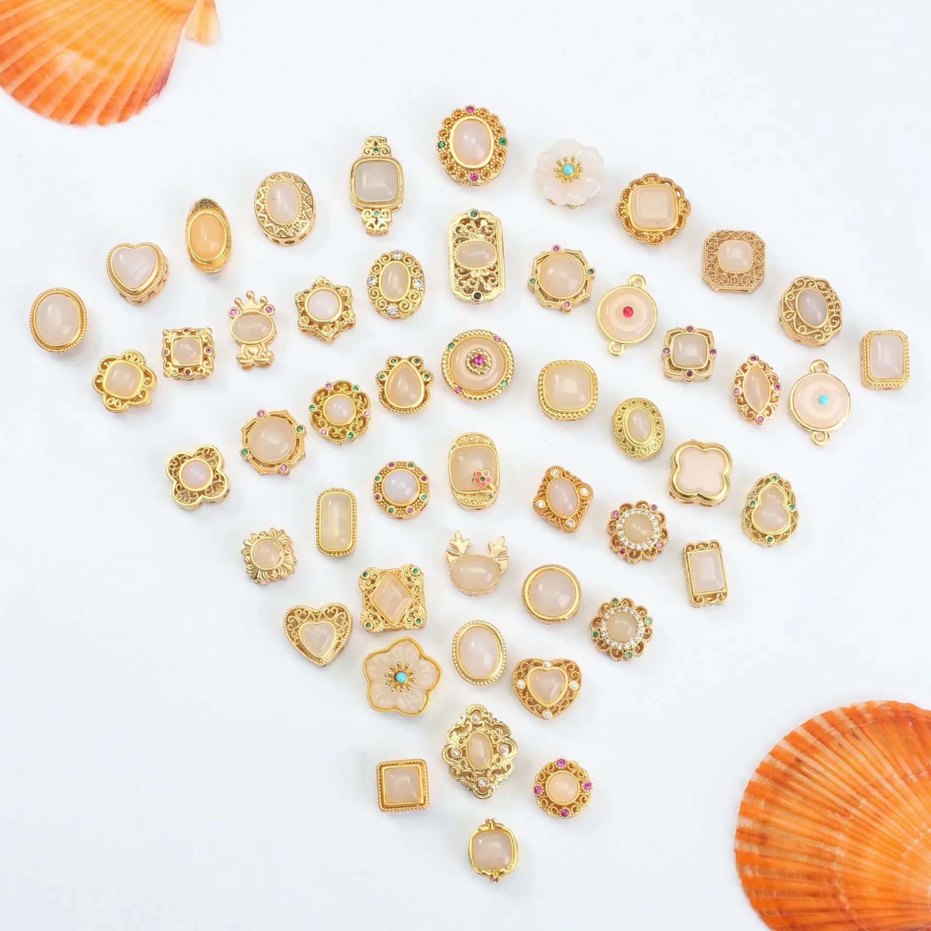 8pcs Copper Gold-plated Inlaid White Jade Porous Transport Beads DIY Necklace Bracelet Jewelry Accessories Beading Materials