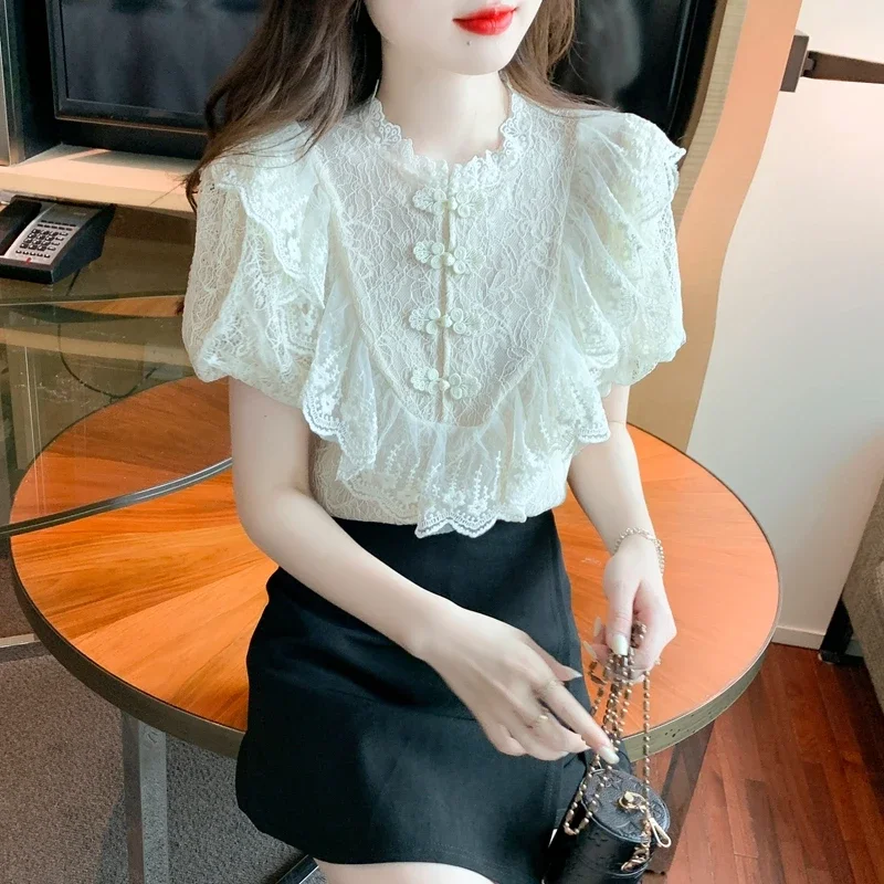 Vintage Lace Blouses Women Summer 2024 Elegant Fashion Casual Puff Sleeve Ladies Tops Korean Style Slim Y2k Chiffon Shirts