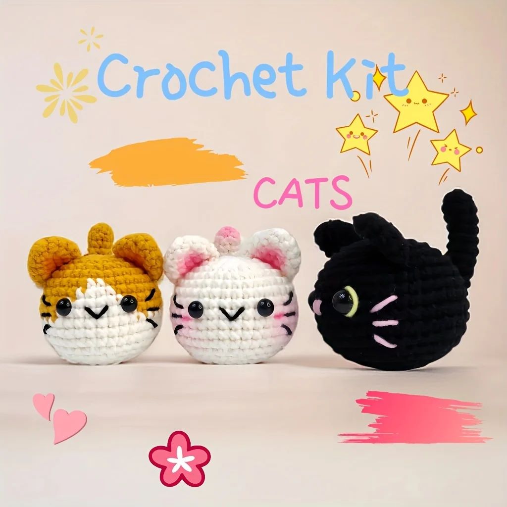 Amigurumi de gato de 3 piezas, kit de ganchillo para principiantes, tutorial de vídeo paso a paso incluido - Kit de manualidades para principiantes - Gatos de ganchillo DIY