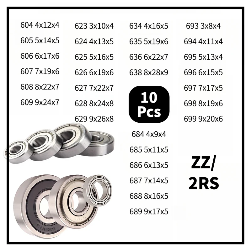 10Pcs Assorted Miniature Deep Groove Ball Bearings 604 to 699 ZZ / 2RS Chrome Steel Small Bearings