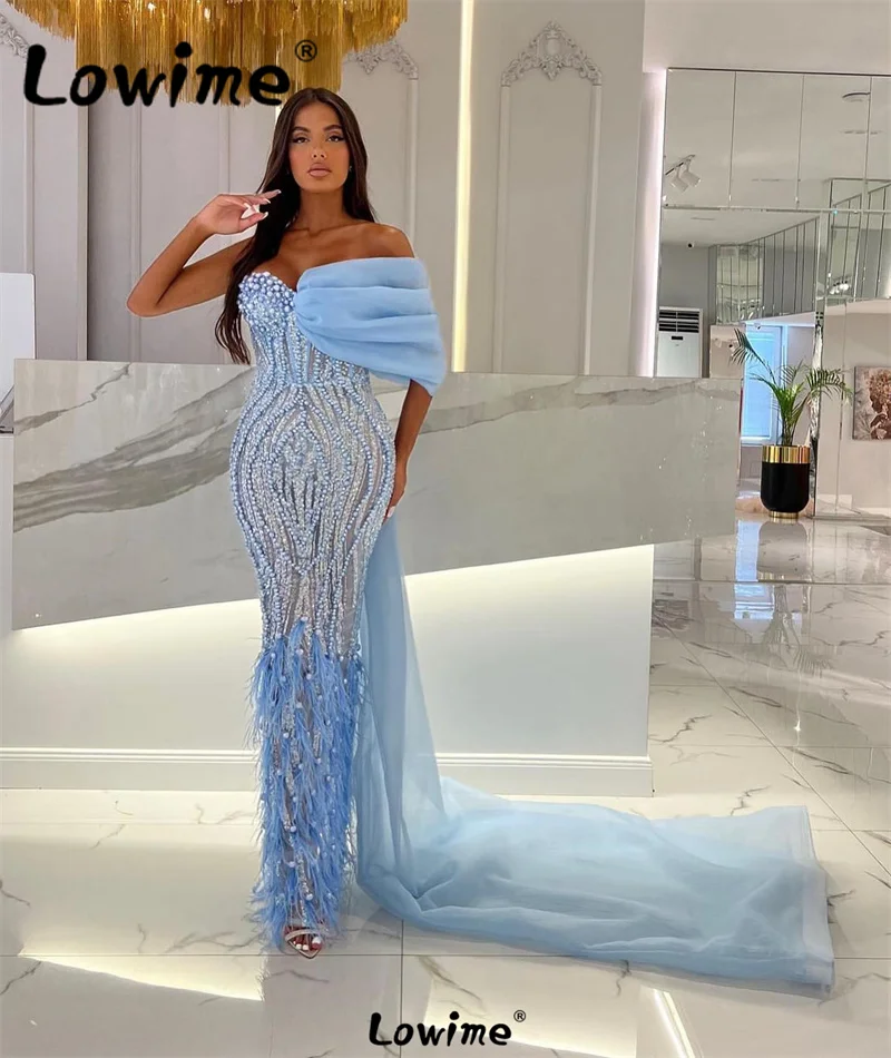 Feathers Blue Long Prom Dress Arabic Evening Dresses Beaded Birthday Engagement Gowns Aso Ebi Women Wedding Party Dress Robe