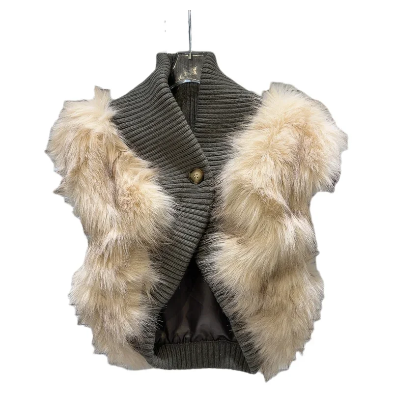 Fashion Lady Autumn Winter Faux Fur Patchwork Knitted Vest Coat Irregular Warm Sleeveless Waistcoat Women Short Sweater Tanks