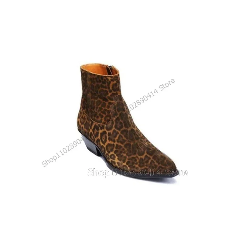 

Leopard Print Pointed Toe High Top Ankle Boots Fashion Side Zipper Men Boots Luxurious Handmade Party Banquet Men Causal Shoes