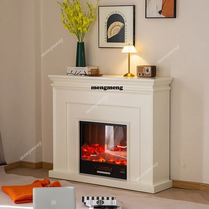 Cream wind simple solid wood fireplace decorative cabinet milk white fireplace simulation fire cabinet