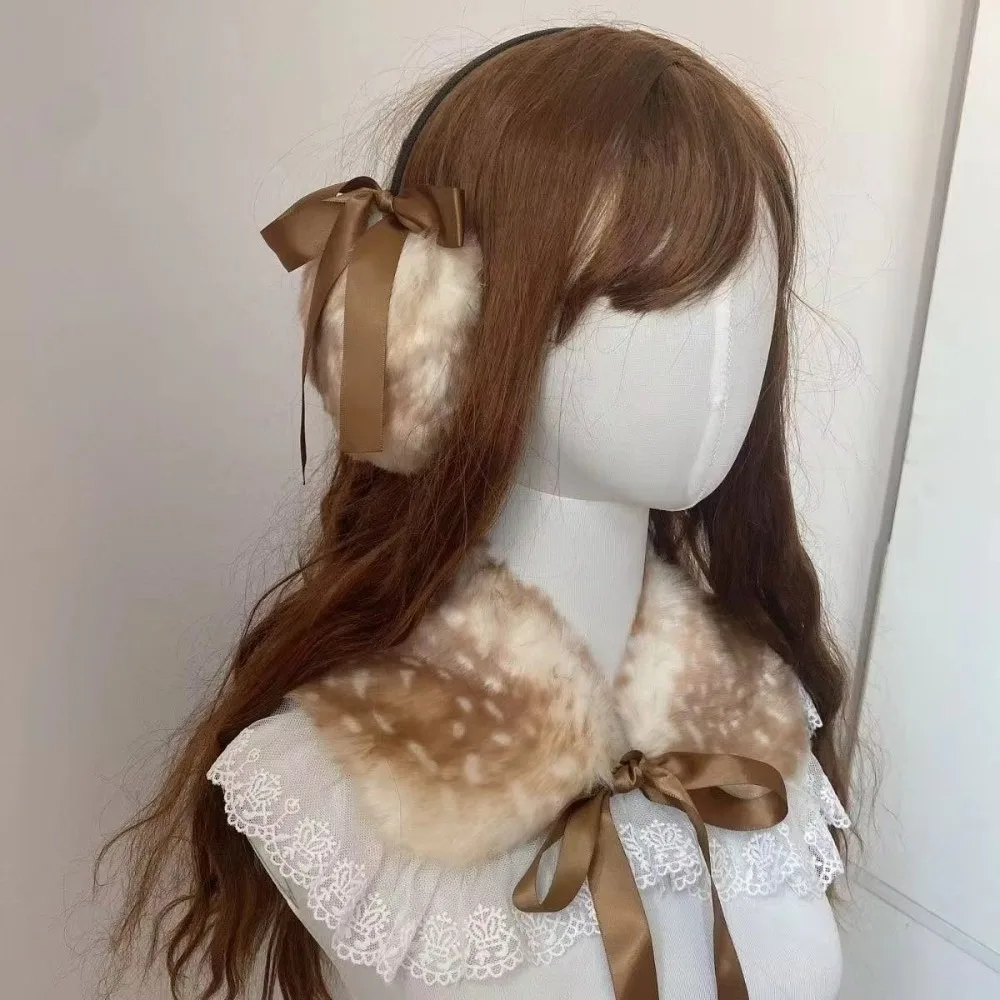 Thick Warm Deer Patterned Faux Fur Scarf Faux Mink Fur Animal Print Cross-tie Scarf Japanese Cozy Skin Friendly