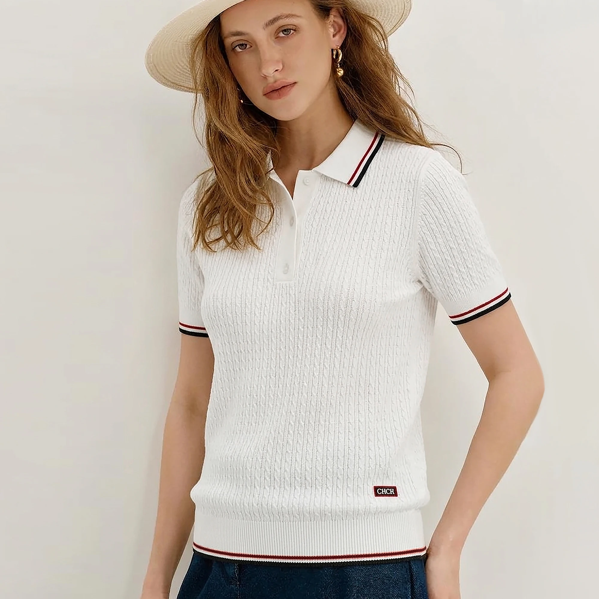 CHCH Women's Short Sleeve Embroidered Letter Design Commuter Summer Polo Shirt