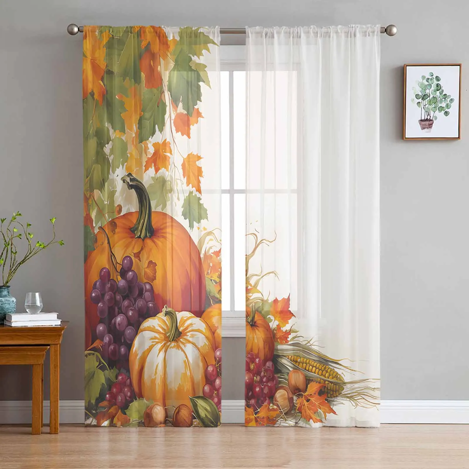 Autumn Orange Pumpkin Grape Maple Leaves Sheer Curtains for Kids Bedroom Living Room Voile Window Curtains Tulle Drapes