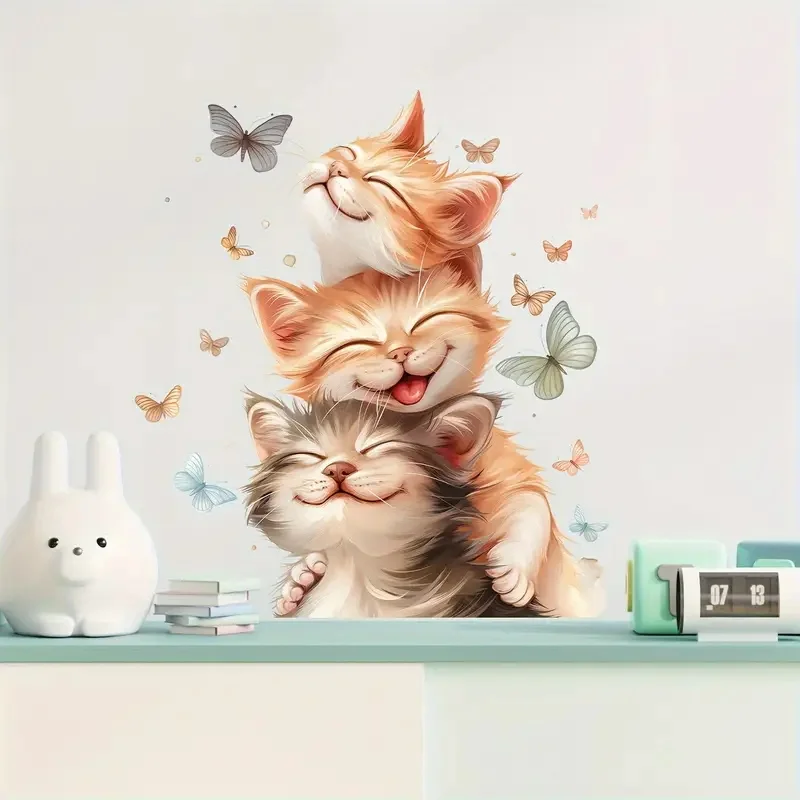 Adorable Cartoon Cat and Butterfly Sticker, Waterproof Vinyl Material, Ideal for Toilet, Home , Refrigerator, Car, Window, Wall