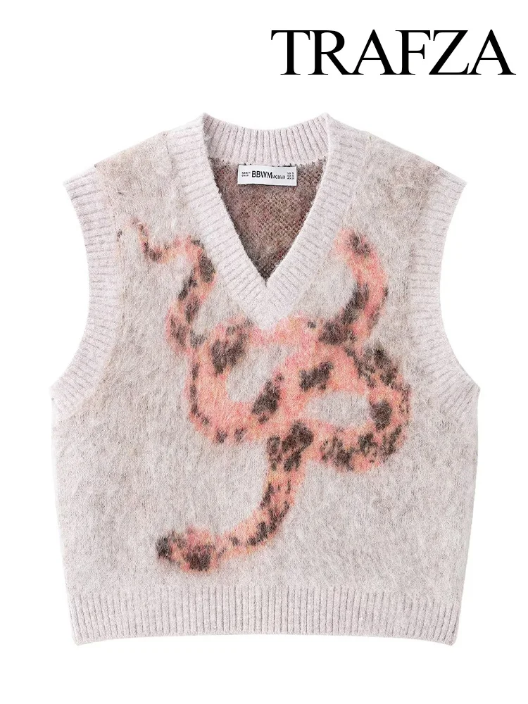 

TRAFZA Spring Women's Casual V-Neck Brushing Effect Knitted Tops Pullover Vest Female Elegant Printed Sleeveless Sweater Tops