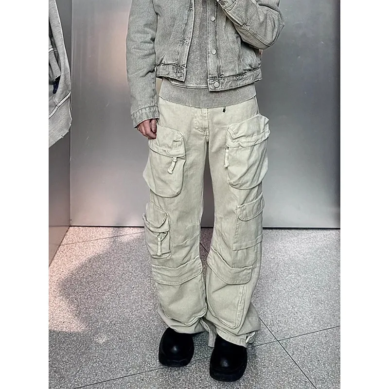 

Multiple Pockets Workwear Pants Men's Loose Jeans Low Waist Zipper Straight Leg Long Pants American Street Style Spring Autumn