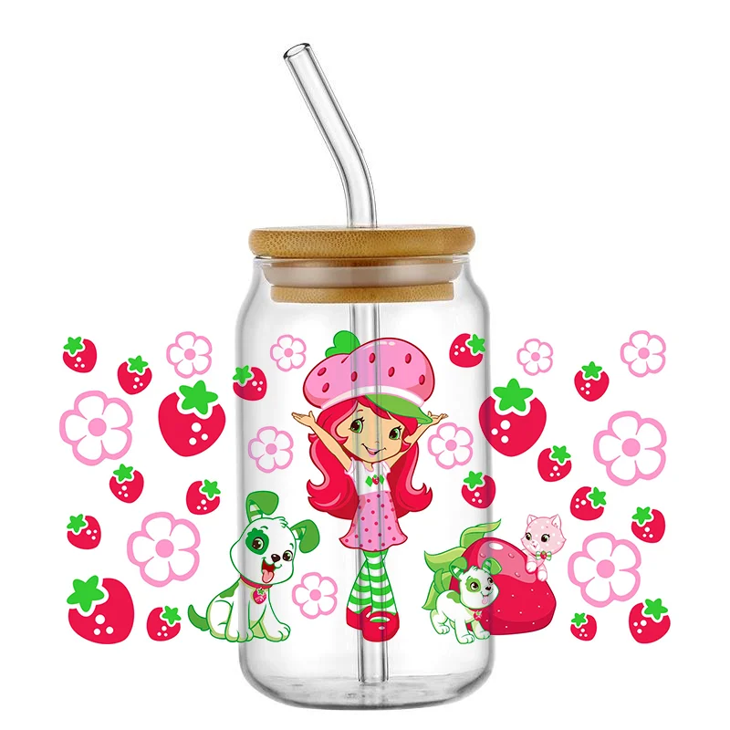 Cute Strawberry Girl UV DTF Cup Wrap 16oz Glass DIY Cup Valentines Era Cute Strawberry Girl Gift for Her Trendy Libbey cup Wraps