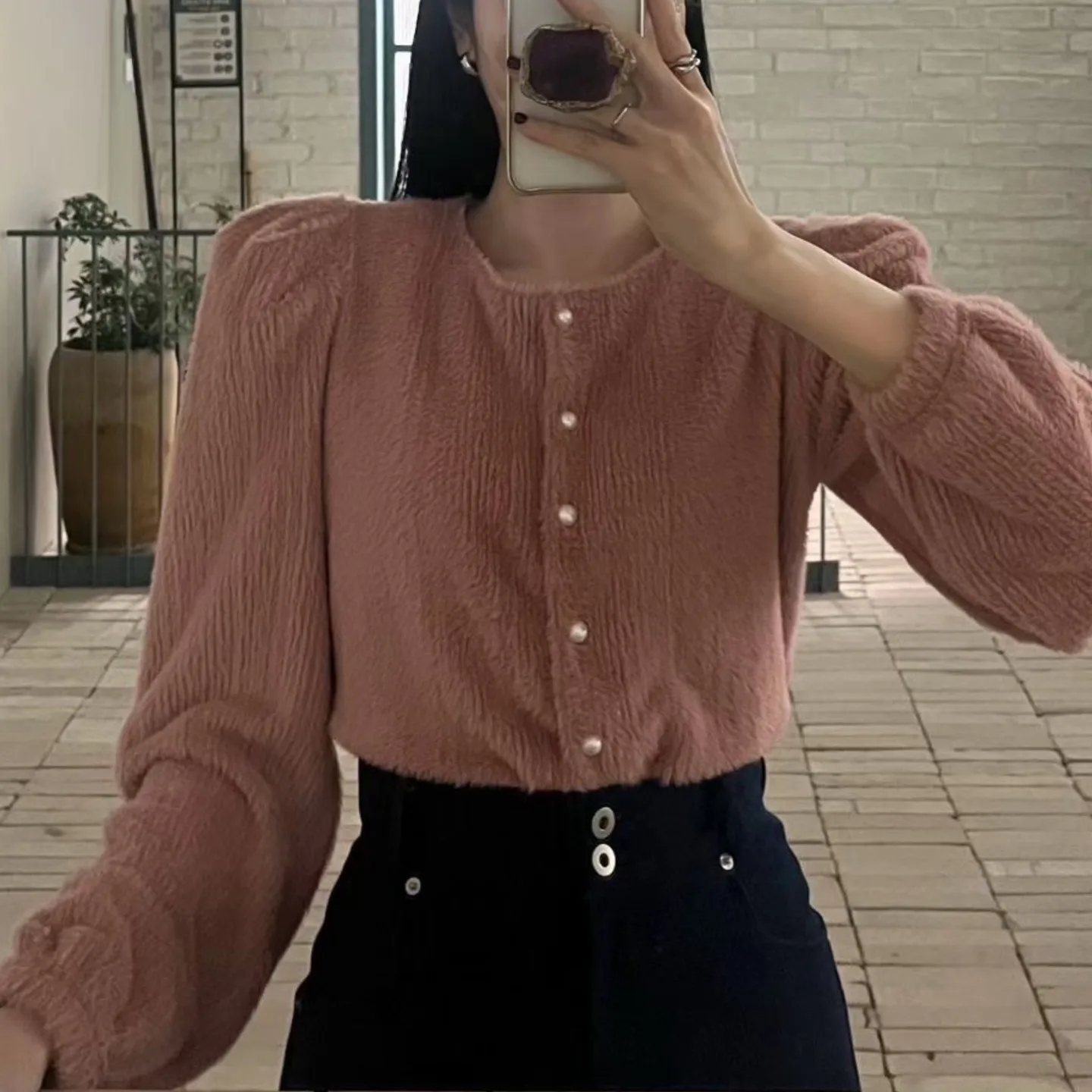 패셔너블한 캐주얼 퍼 텍스처 레트로 디자인 감성 가을 겨울 여성용 스트레이트 컷 코튼 아우터웨어