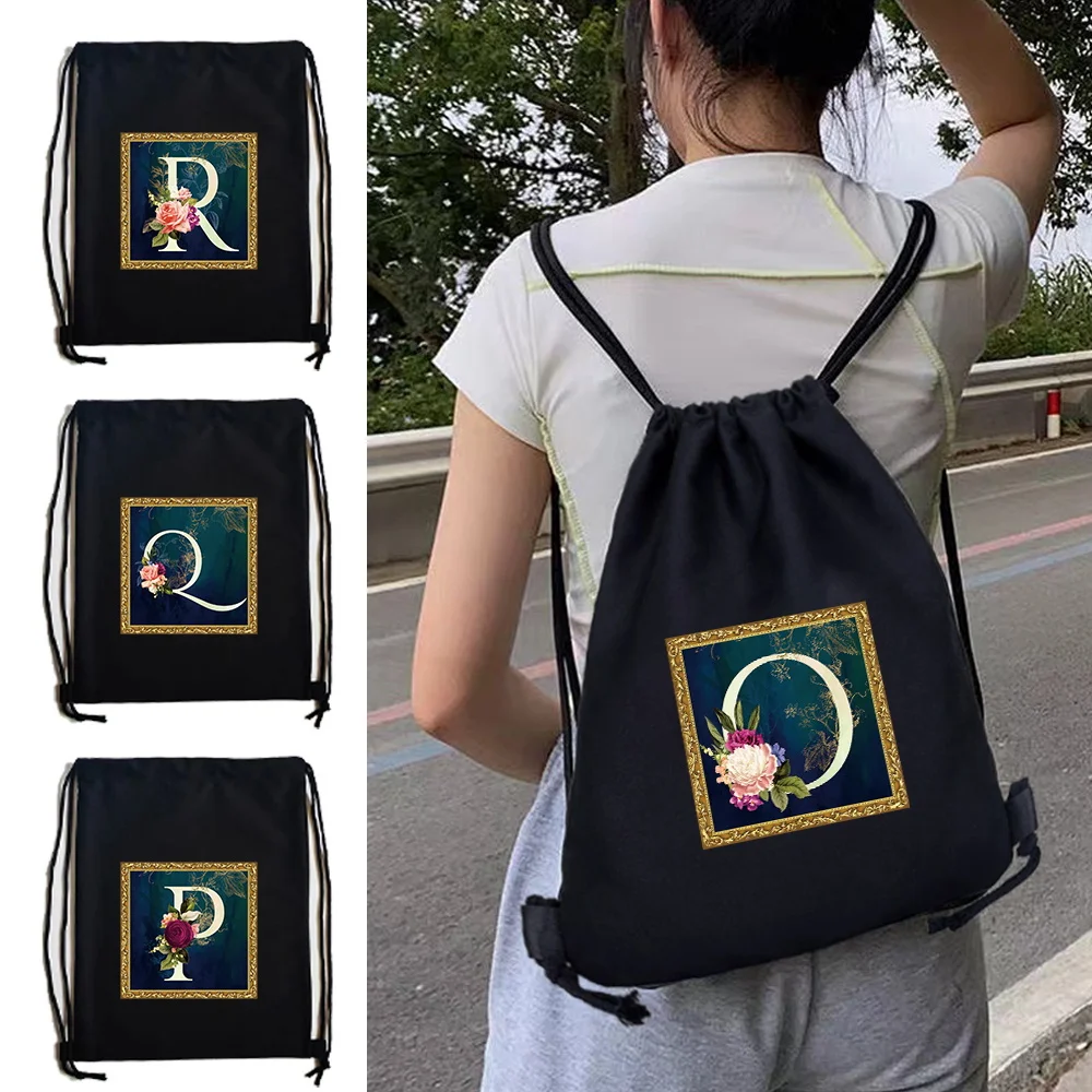 

Portable Flower Letter Series Printed Pattern Work Commuting Canvas Shoulder Drawstring Sports Bag Foldable Storage Backpack