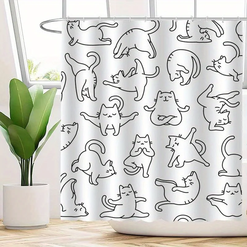 Black Sketch Yoga Kitten Shower Curtain, Multi Poses Relaxed Cat Line Pattern Waterproof Partition Curtain for Home Shower Room