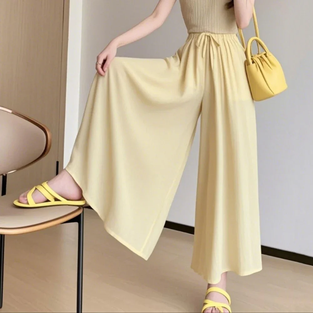 Casual Outings Ice Silk Trousers Elegant Drape Wide Leg Pants Comfortable Bottoms Leisure Style Pants Home And Club Wear