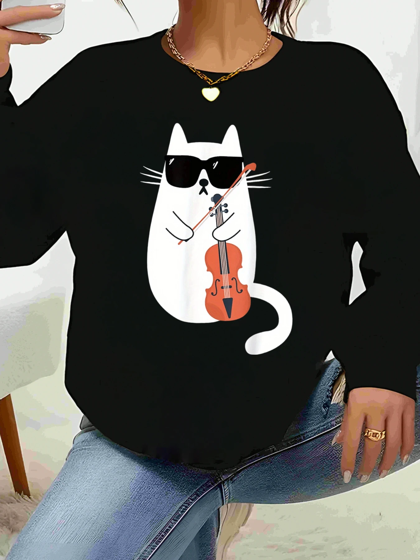 

Толстовка с длинными рукавами и принтом «Кошка играет на скрипке», осенняя повседневная одежда, женская мода