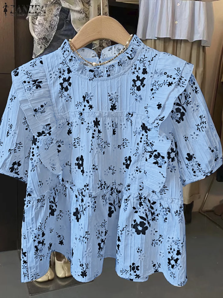 

ZANZEA Women Ruffled Blouses Vintage Floral Tops Casual Loose Short Sleeve Tops 2025 Summer O Neck Blusas Bohemian Tunics