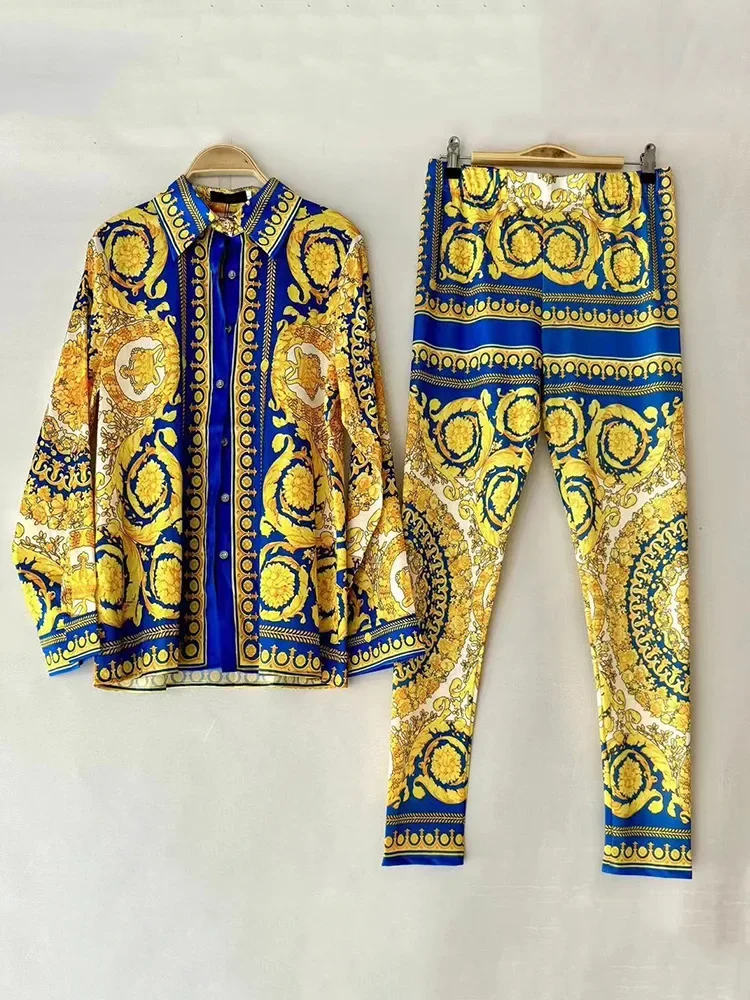 

Royal Court Style Fashion Two Piece Set Women Outfit Retro Floral Printed Lapel Loose Long Sleeve Shirt Middle Waist Pant Suit