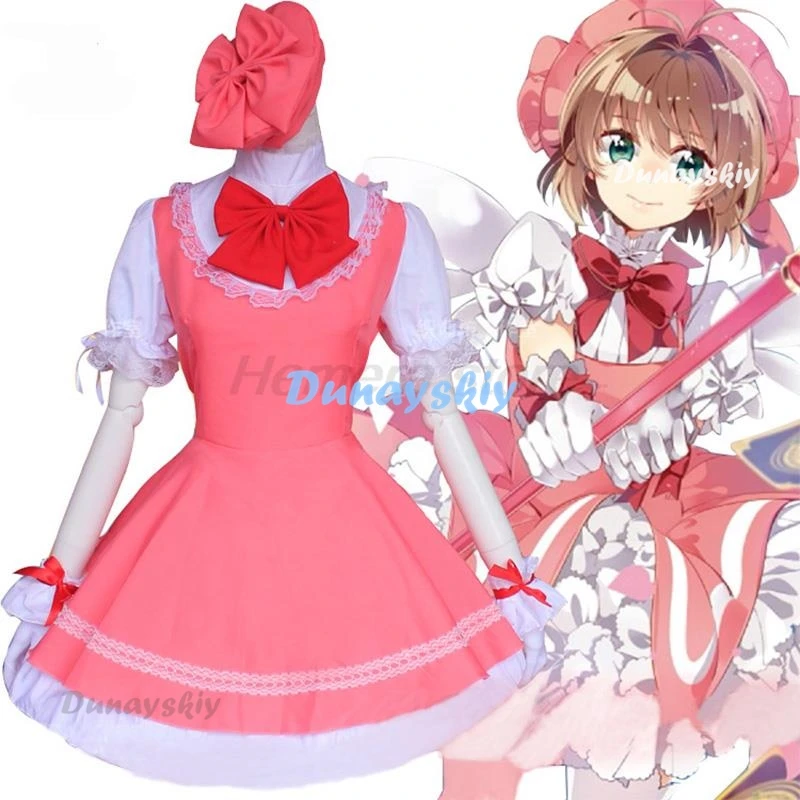 Anime Mädchen rosa Car captor Sakura Prinzessin Kleid Cosplay Kostüm Lolita Kleid für Kinder Karte Kampf Uniform Schürze Kleid mit Hut
