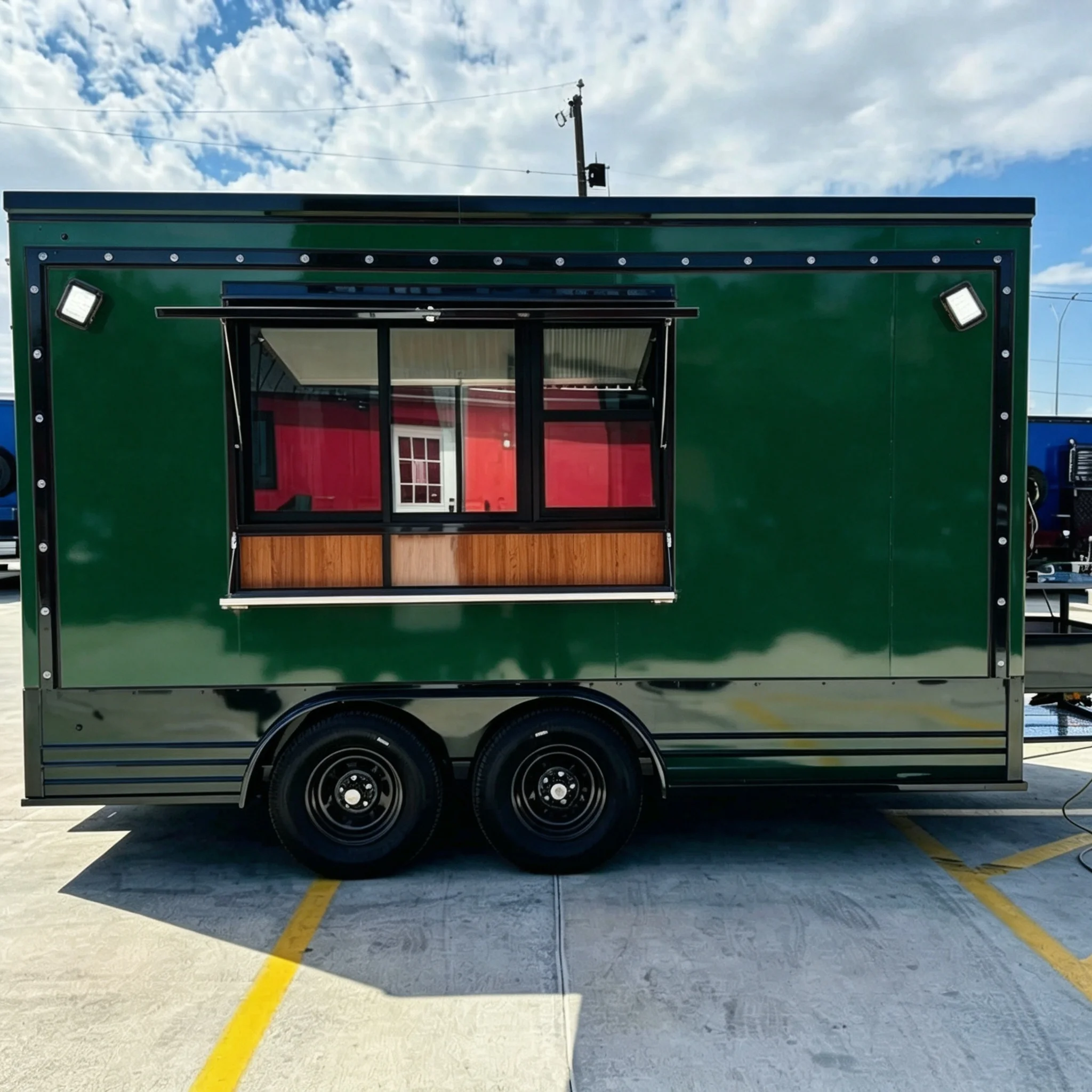 Fully Loaded Mobile Kitchen Trailer with Griddle Work Counter Black Cabinets Ready for Hot Dog Sandwich BBQ Hot Food Vending