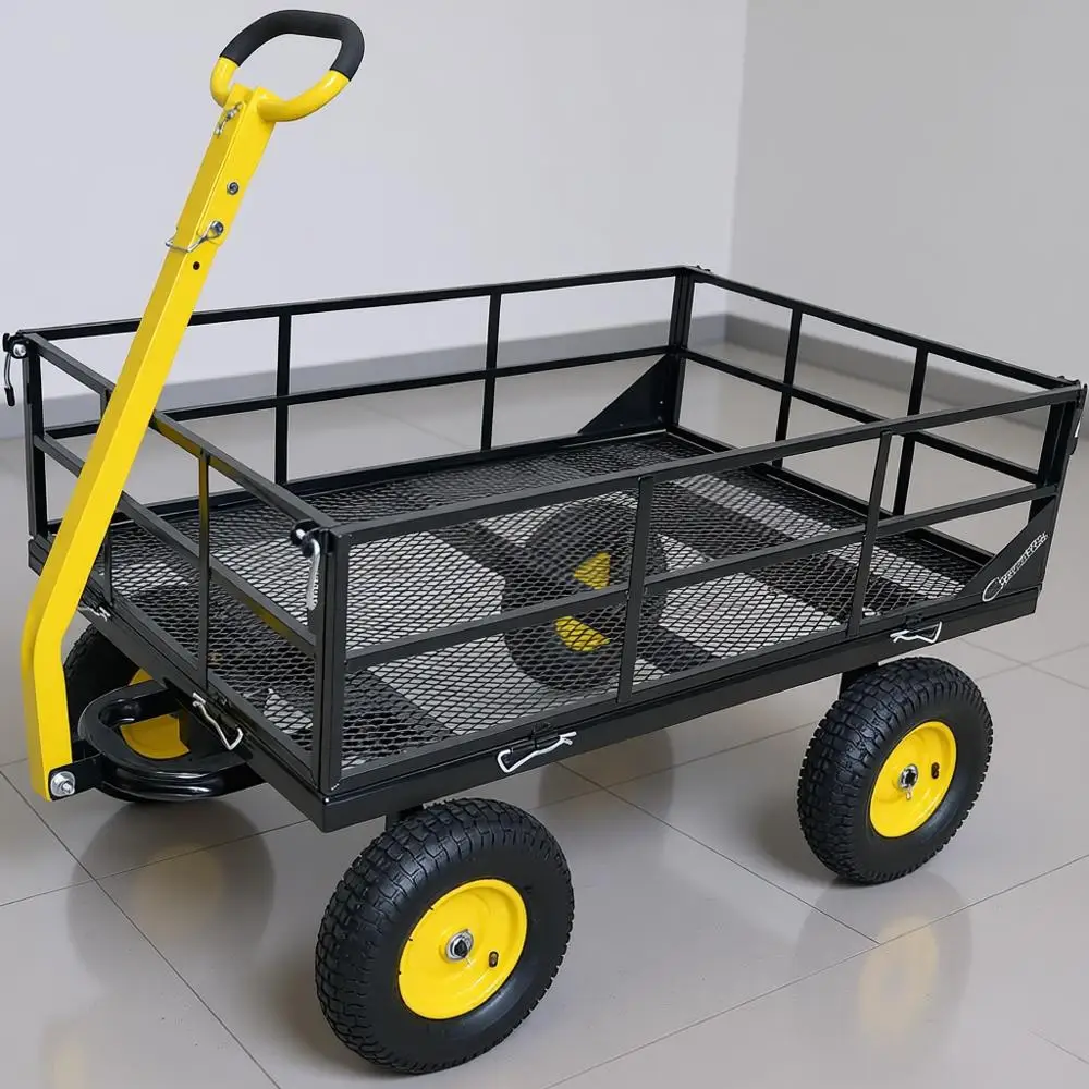 

10 Pneumatic Tires Steel Garden Cart, Heavy-Duty Yard Utility Wagon with Removable Mesh Sides and 180° Rotatable Anti-Slip Handl