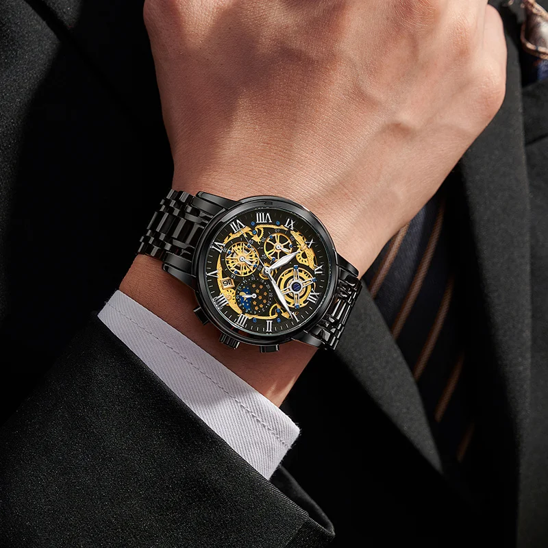 Lige moda masculina relógio de negócios data relógios masculino aço inoxidável à prova dwaterproof água luminosa quartzo relógio de pulso cronógrafo masculino