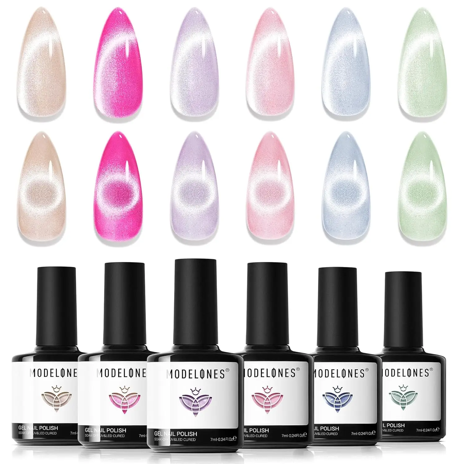 

Modelones Cat Eye Gel Nail Polish, 6 Colors Glitter Summer Pink Blue Green Blue Gel Polish Set with Magnet Sparkle Translucent