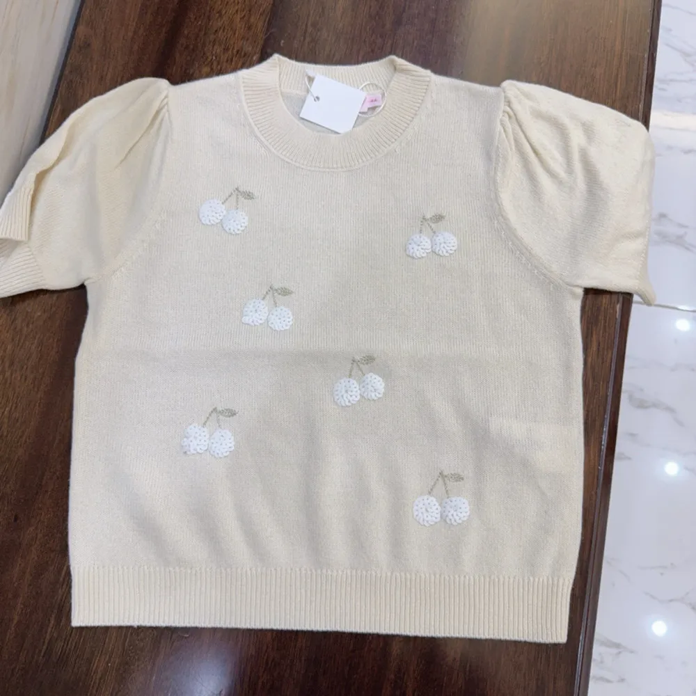 

kids clothes girls high quality Handmade Embroidered Cherry Pattern Sweater Summer short sleeve knitted sweater