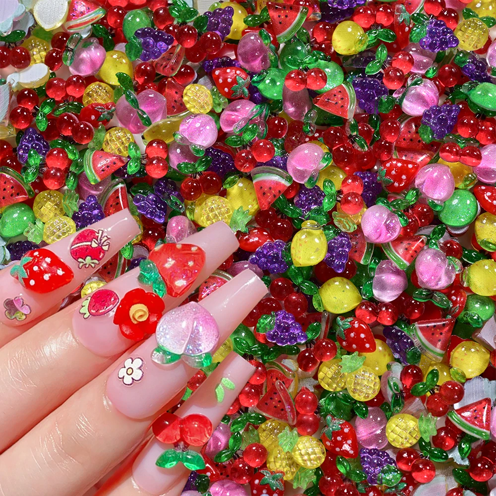 

50pcs 3D Mini Nail Charms Fruit Resin Nail Art Rhinestones Kawaii Cherry Strawberry Lemon Peach Cute Design for Nails DIY Crafts