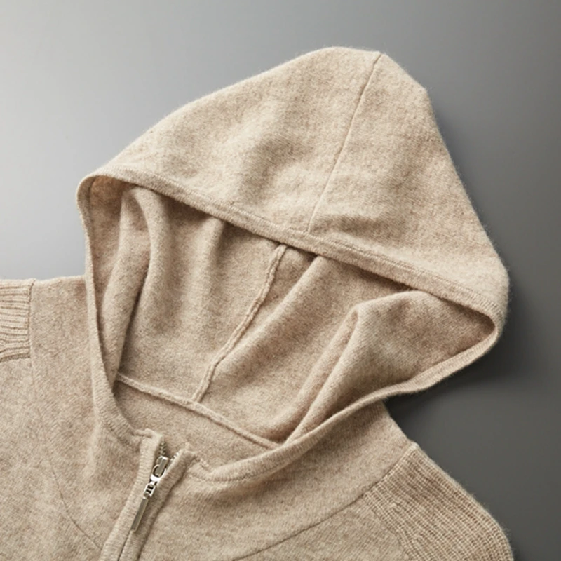 100% Cashmere Suit Men Hooded Zipper Cardigan Autumn Winter Knitted Two-Piece High Waist Trousers Fashion Solid Color Sweater