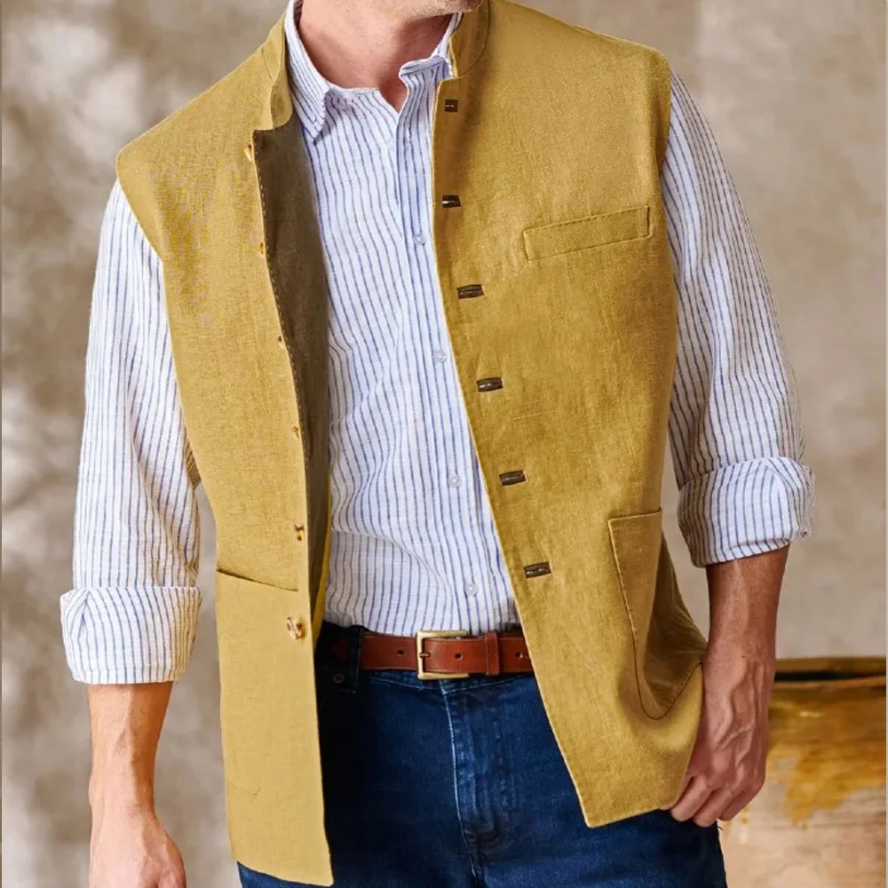 Men Vests Sleeveless  Stand Up Collar Single Breasted Solid Color Lightweight Cardigan High Quality Male Outerwear chaleco