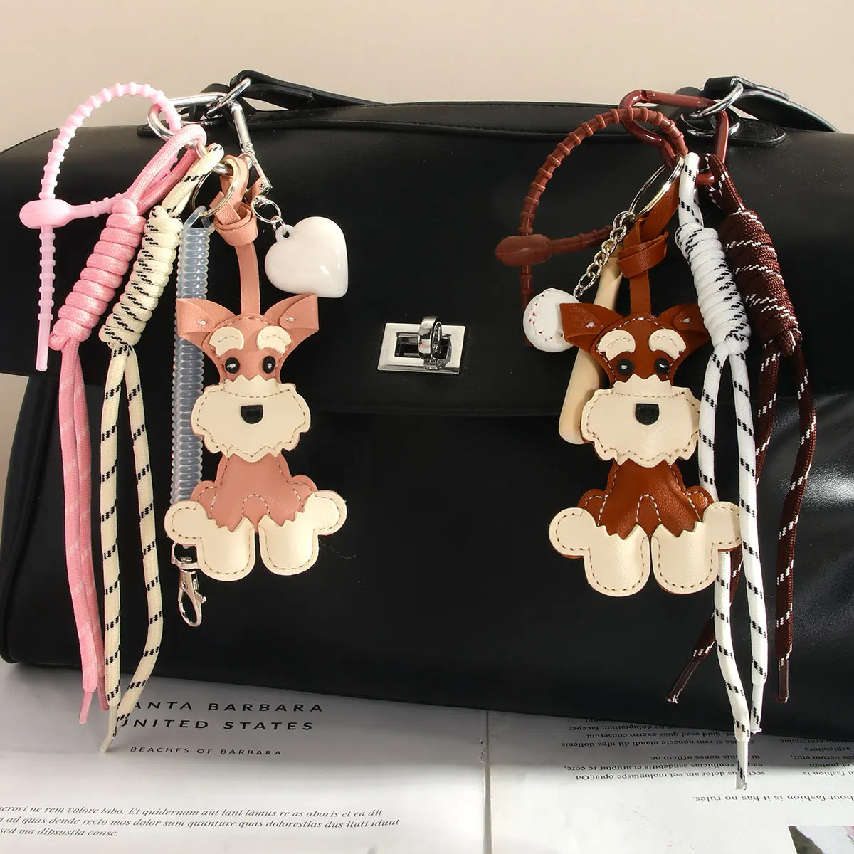 Cute Schnauzer Dog Handbag Pendant, Handmade PU Dog Keychain Braided Rope Bag Charm for Backpack Handbag Decor