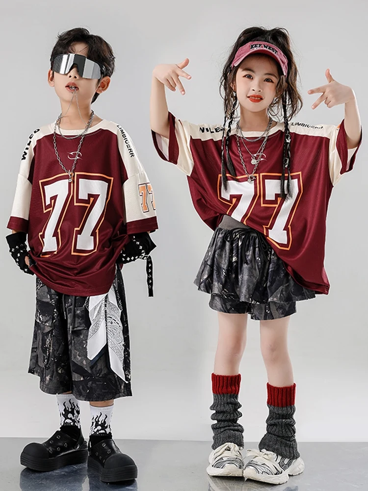 

Children Modern Jazz Dance Costumes For Girls Red Loose Shirts Black Shorts Outfits Boys Hip Hop Dance Stage Clothes DQS19681
