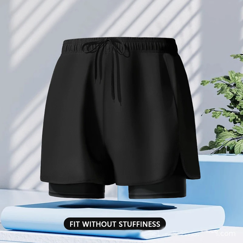 Hot selling men's sports double-layer swimming trunks loose oversized flat angle anti awkward running and fitness swimming trunk image 5