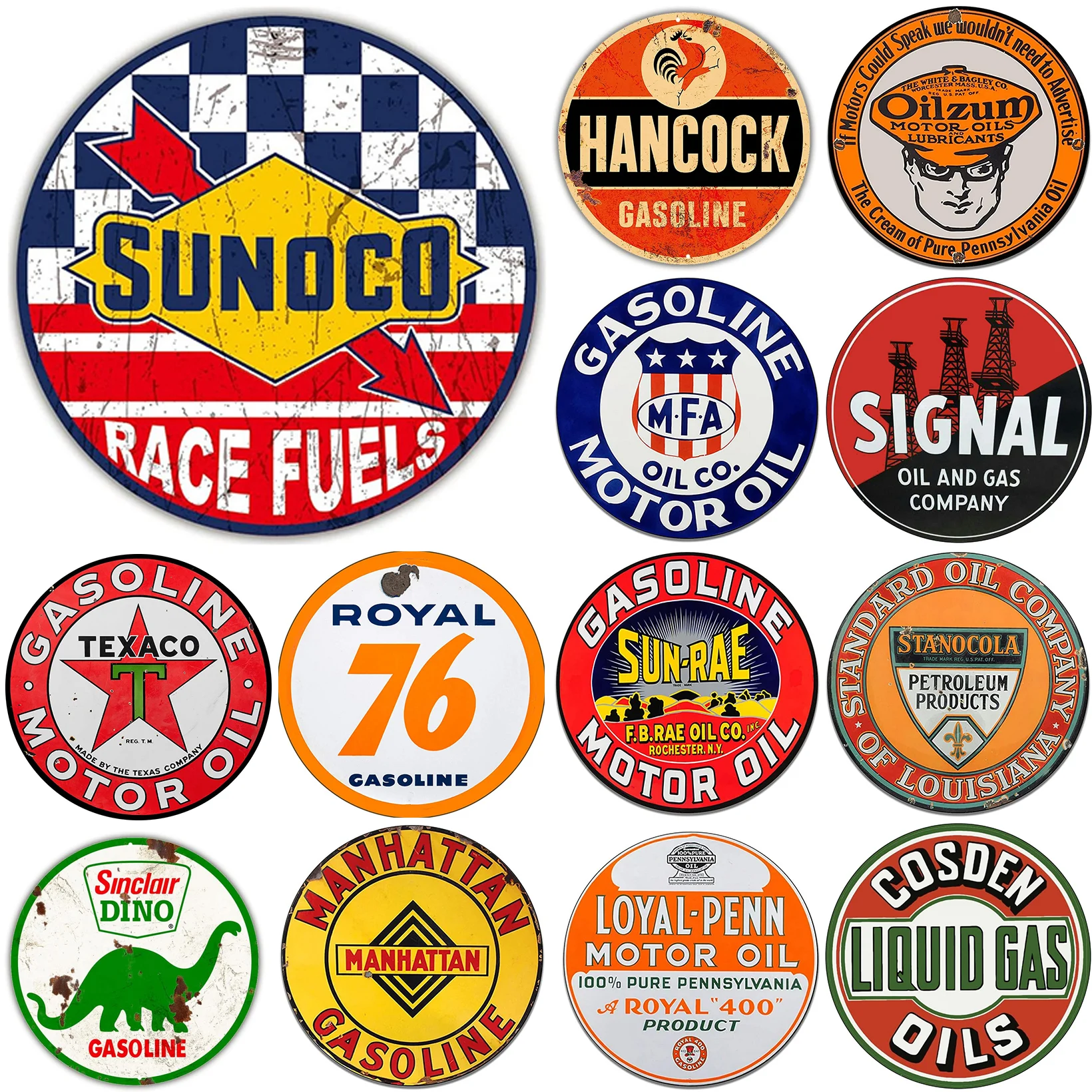 ملصقات قصدير مستديرة عتيقة ، لافتات معدنية ، سونوكو رويال ، سينجال ، محطة وقود هانكوك ، استنساخ زيت المحرك ، ديكور حنين للمسنين #1