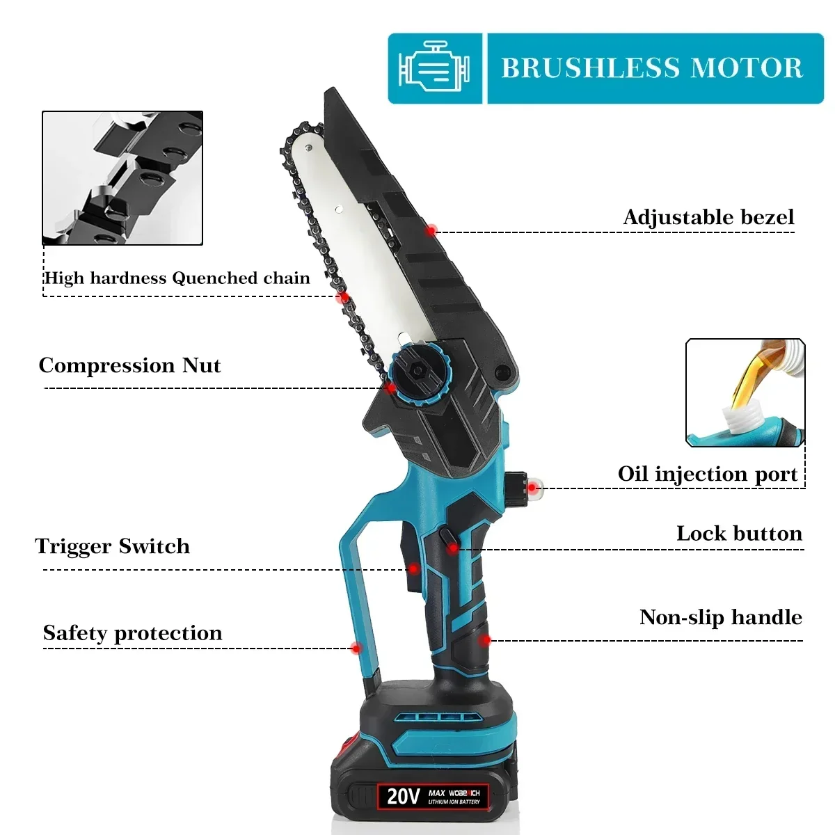 Brushless 6 pollici 8 pollici Mini potente sega a catena elettrica a batteria lavorazione del legno utensile da taglio da giardino per potatura manuale