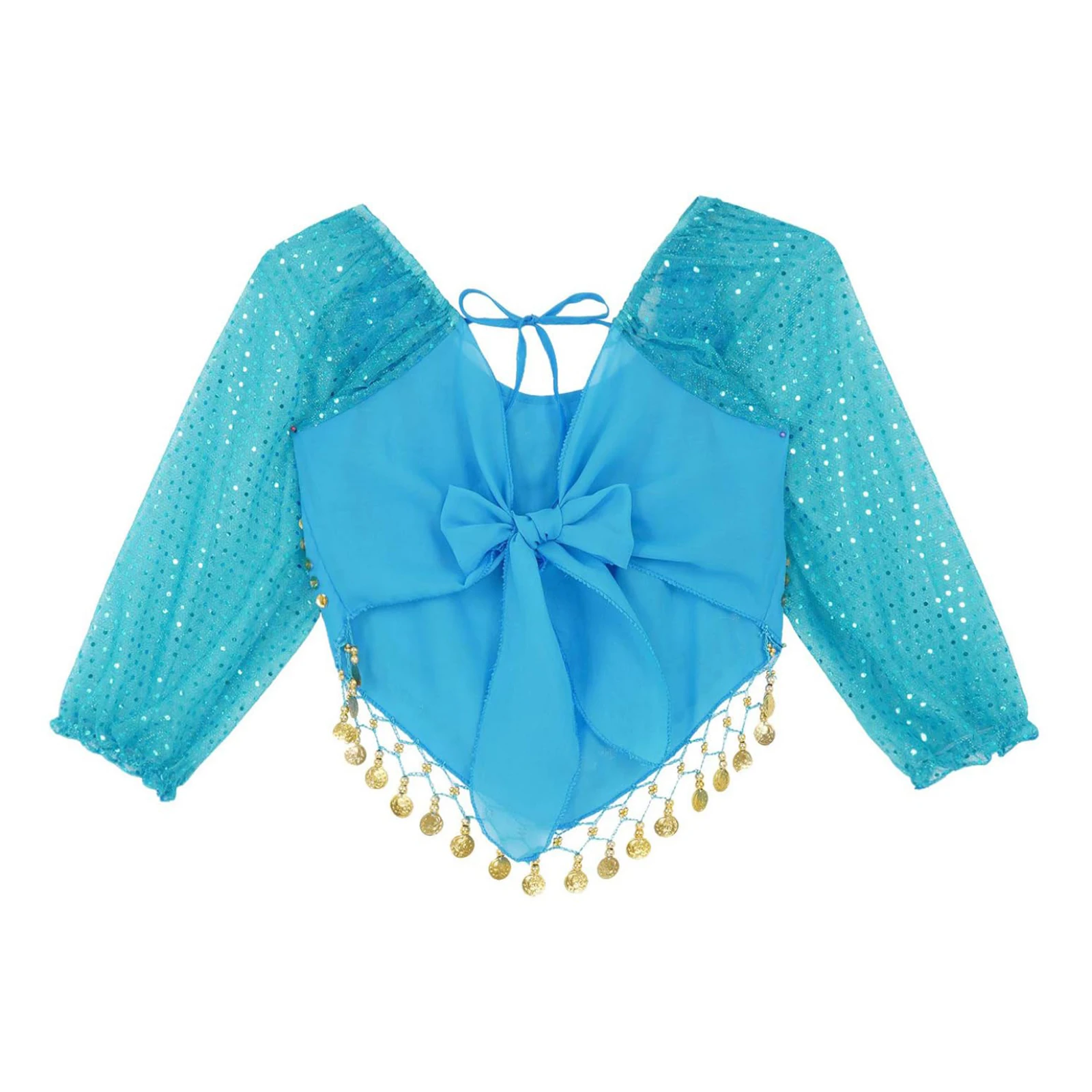 المرأة الشيفون طويلة الأكمام الرقص الشرقي المحاصيل الأعلى لامعة الترتر الذاتي التعادل الظهر غير النظامية هيم القمم كرنفال الأداء زي