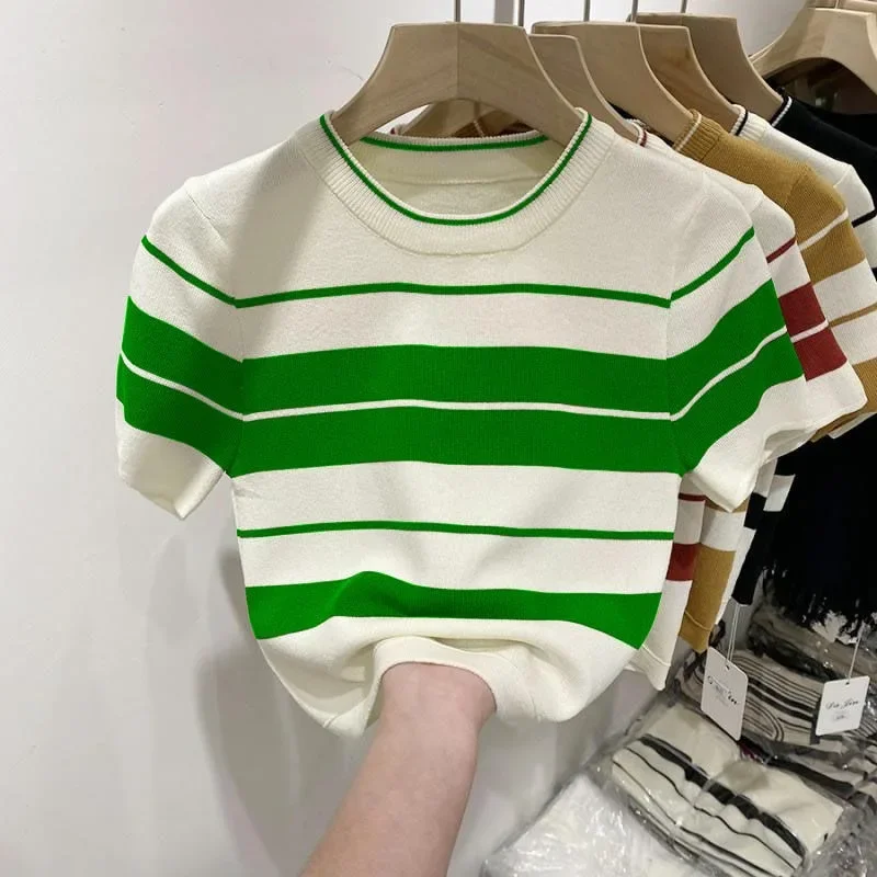 

Women Knit Summer Sweater Korean Fashion O Neck Short Sleeve T-shirt Lightweight Thin Solid Color Slim Pullover Clothing