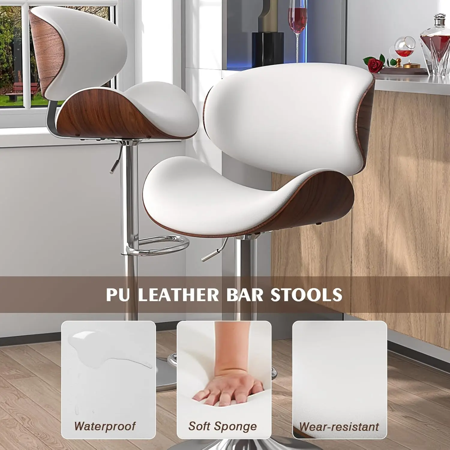 Bar Stools Set of 3, Bentwood Adjustable Height Swivel Bar Stools, PU Leather Upholstered Bar Chair with Back and Footrest for B