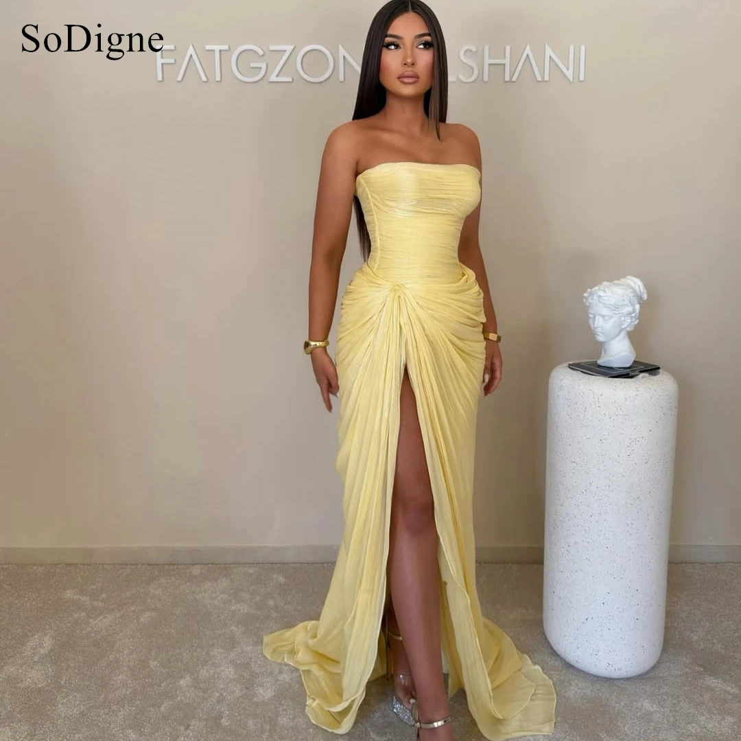 SoDigne Sexy Strapless Evening Dresses Pleated Sleeveless Waist-cinching Party Gowns High Slit Long Prom Dress 2026 Customized