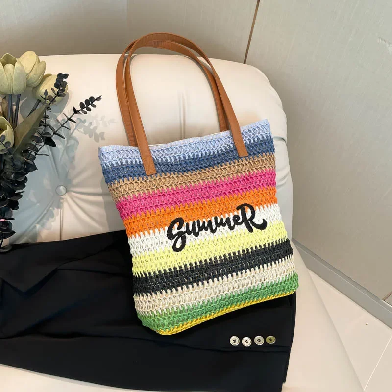 

Large Capacity Casual Shoulder Travel Bag, Weaving Embroidery Versatile Beach Tote Bag, Fashionable New Grass Woven Bags
