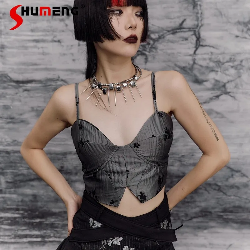 

2025 Summer New New Chinese Punk Design Sense Outside Wear Sleeveless Vest Women's Jacquard Strap Slim Suspender Top Camisoles