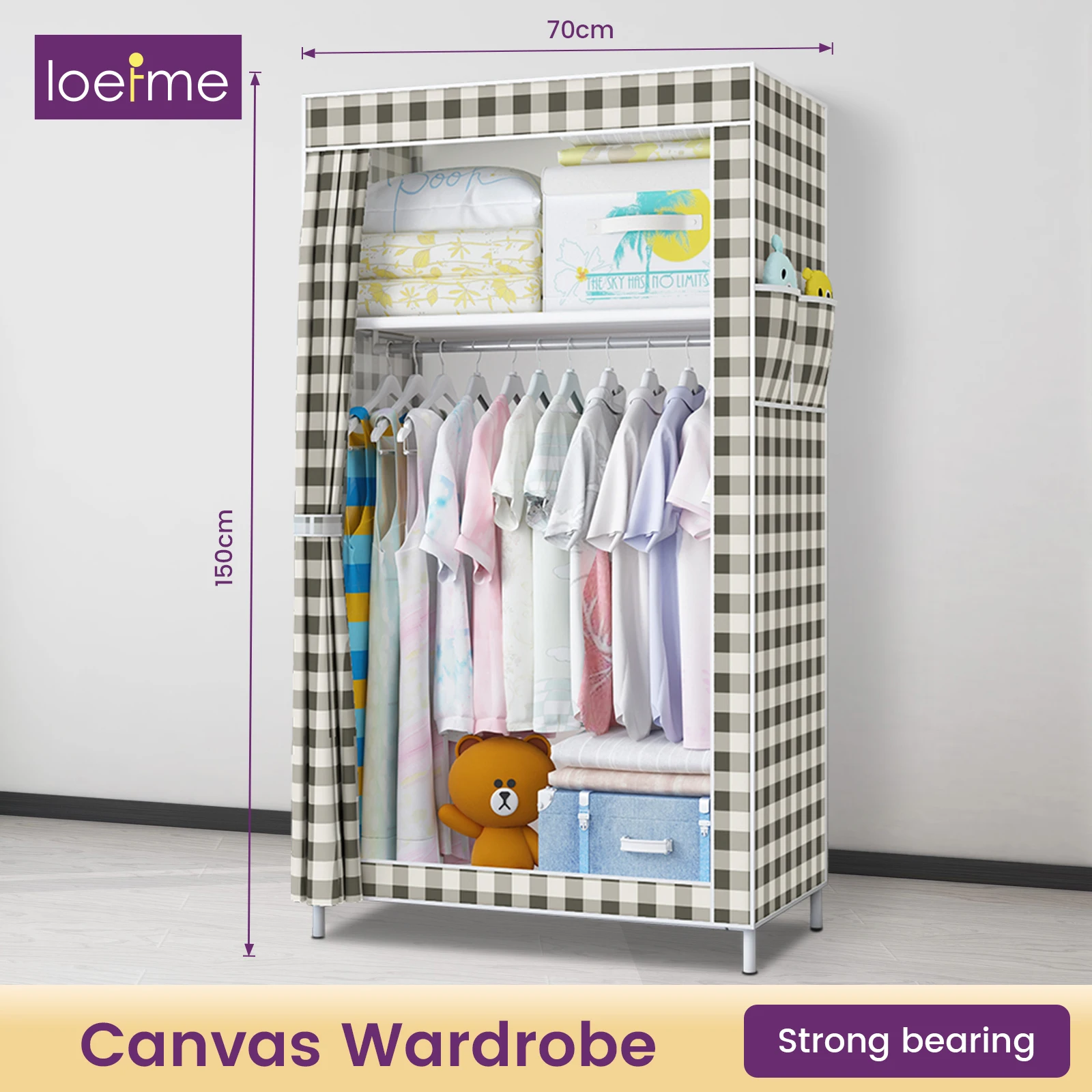 LOEFME Fabric Canvas Wardrobe Closet Storage Cupboard Hanging Rail Shelves Heavy Duty Fabric Canvas Wardrobe Clothes Shelving